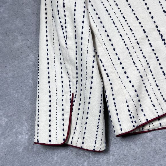 Talbots Blazer Womens Size 8 Blue Embroidered Stripes Red Trim Cotton Jacket - Picture 6 of 13